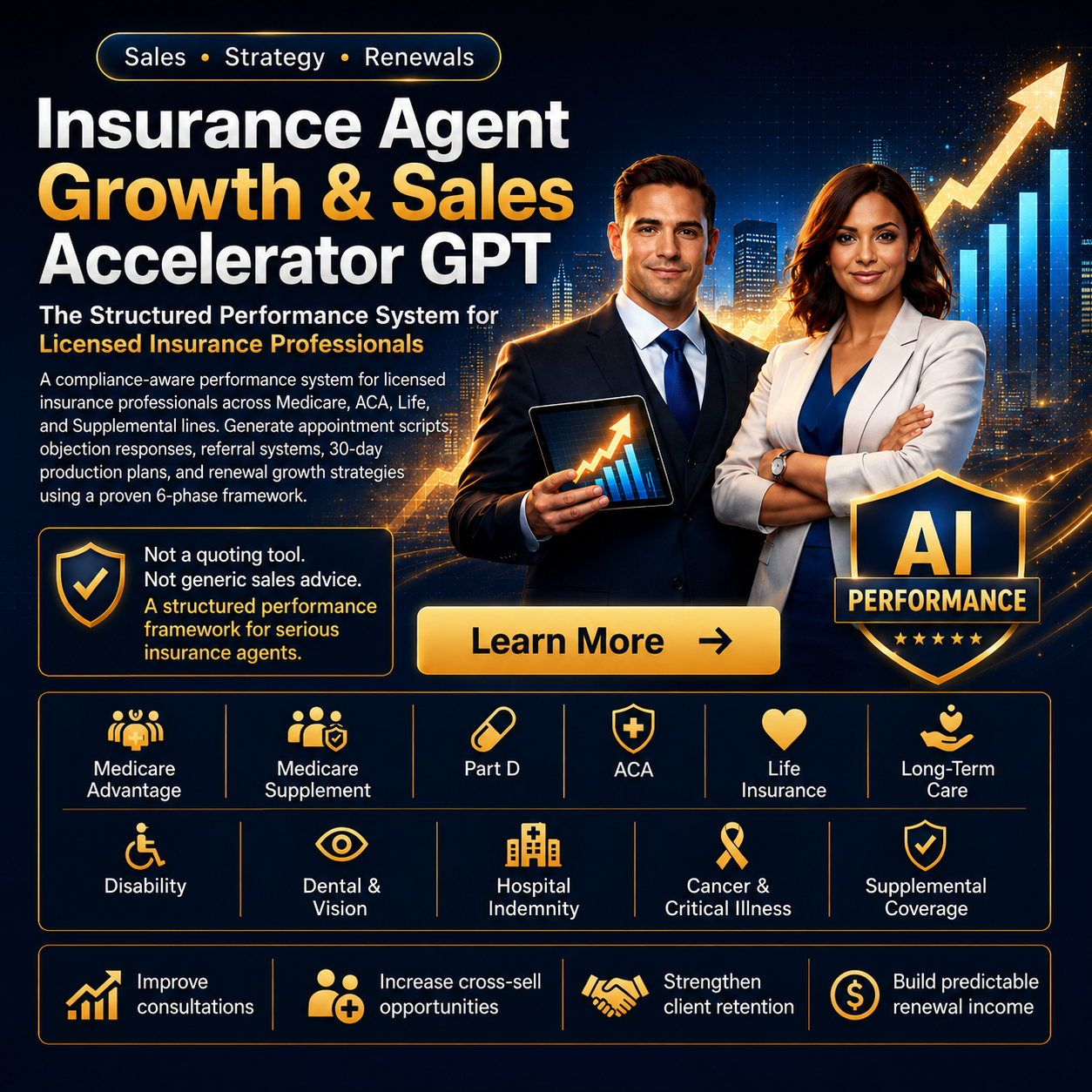 Insurance Agent Growth and Sales Accelerator GPT square image showing sales, strategy, renewals, insurance coverage lines, and performance benefits